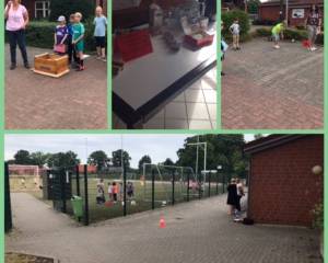 Klasse 1 und 2 starteten an den Spielstationen.